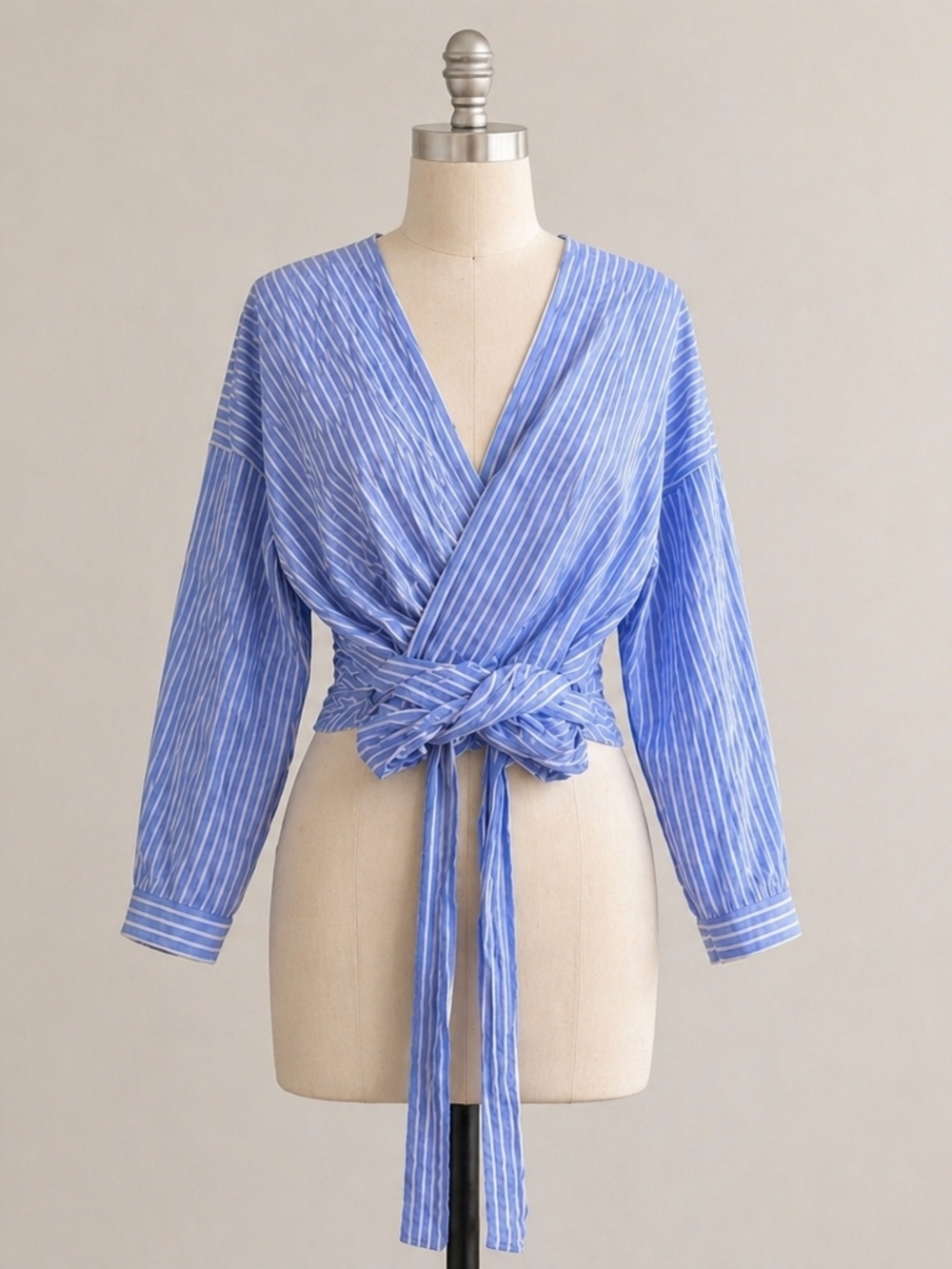 Zara Light Blue and White Striped Wrap Blouse with Waist Tie